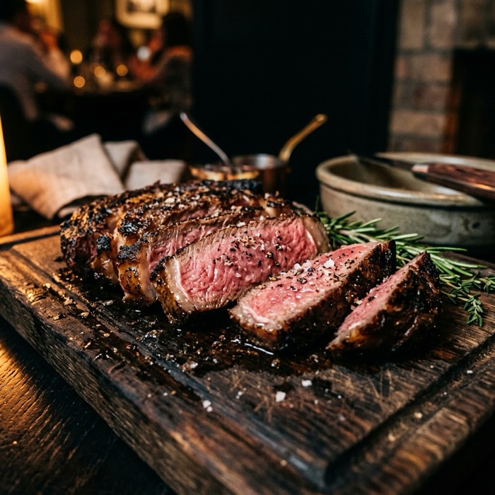 Sliced dry-aged ribeye on a wooden board