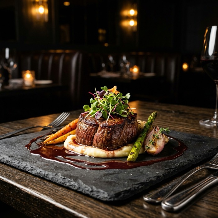 Plated filet mignon with red-wine sauce