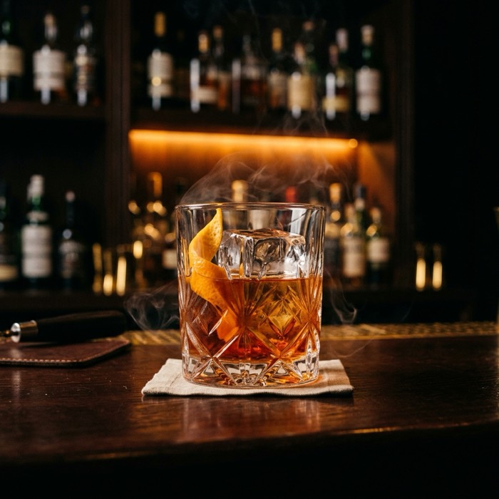 An old-fashioned cocktail at the bar