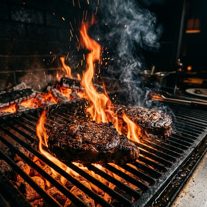 Steaks searing over live fire