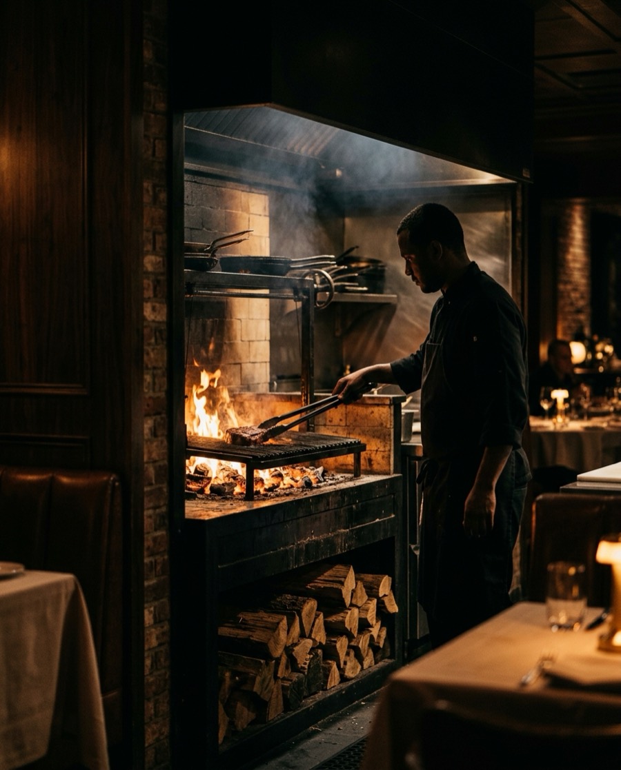 A chef tending an open-hearth wood fire in the Cinder kitchen